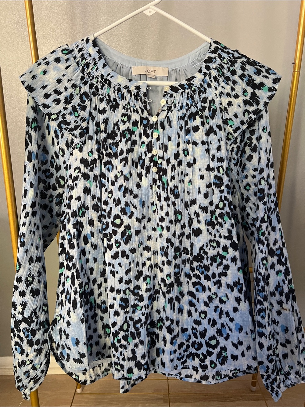 LOFT Light Blue Leopard-Print Button Front Blouse
